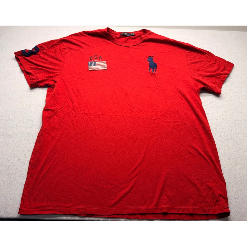 Polo Ralph Lauren Mens 2XB Red Big Pony USA Flag Patch Short Sleeve T-Shirt